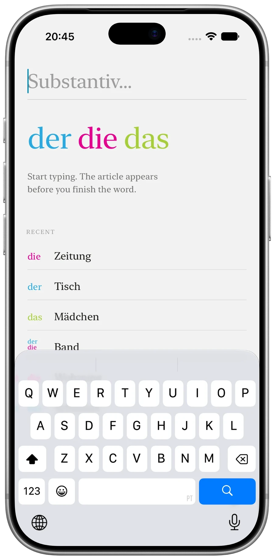 DerDieDas search screen with recent nouns, shown in an iPhone 18 Pro