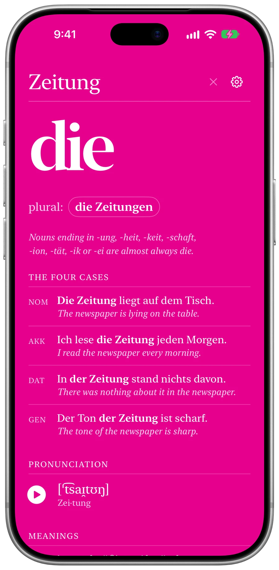 Die Zeitung detail screen, shown in an iPhone 18 Pro